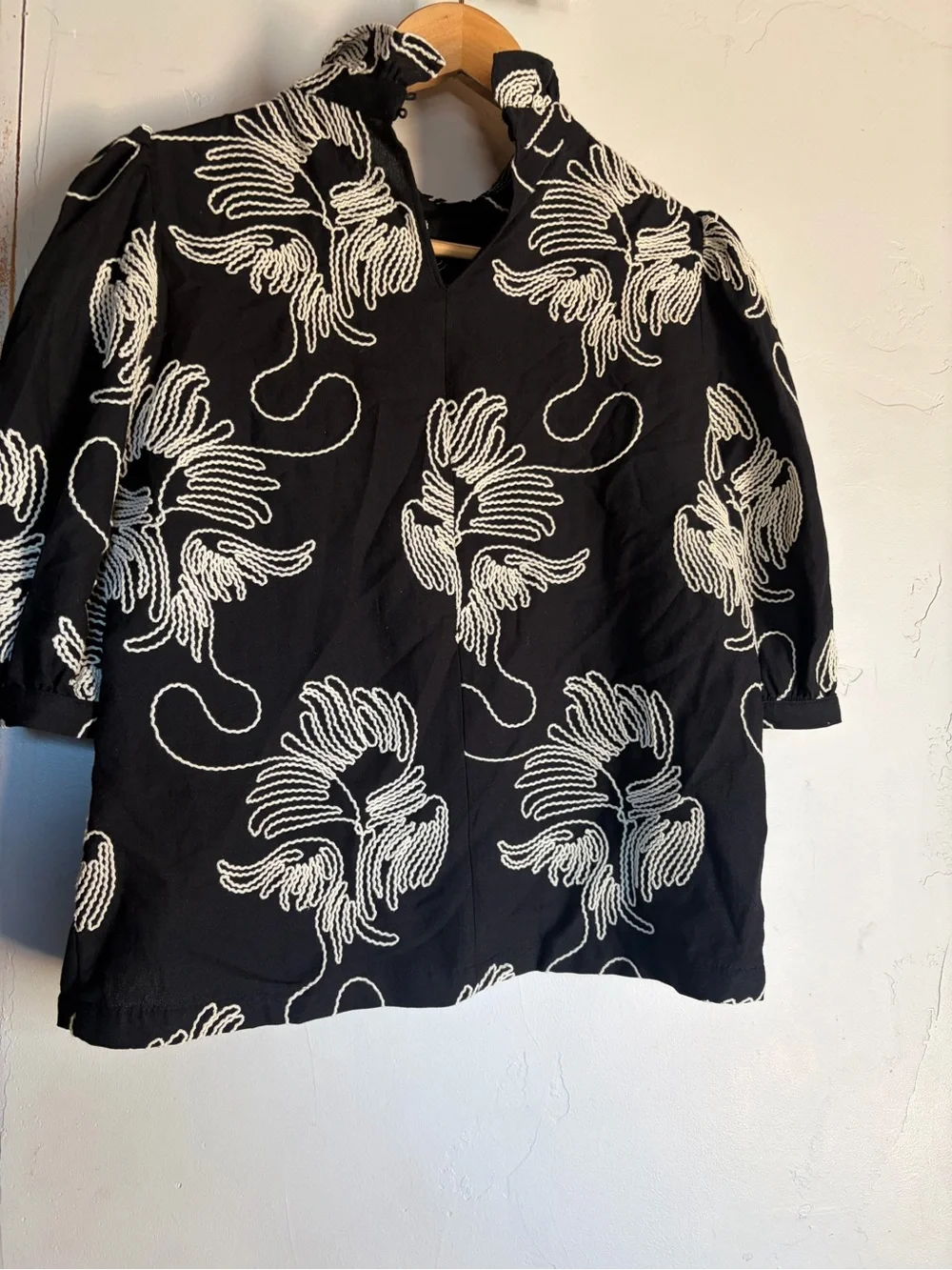 New with tags, Zara Black Floral Puff-Sleeve Blouse with Mock Neck
